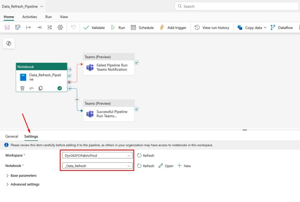 Fabric Pipeline Settings
