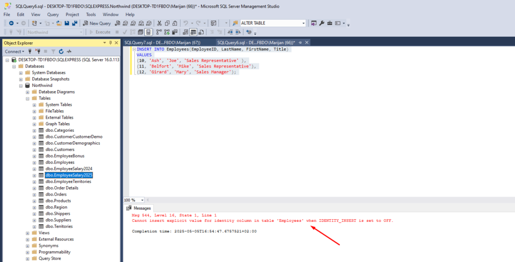 Cannot insert explicit value for identity column in table 'Employees' when IDENTITY_INSERT is set to OFF