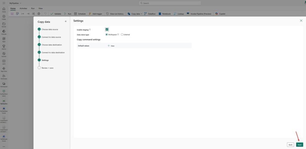 Microsoft Fabric Copy Data Settings