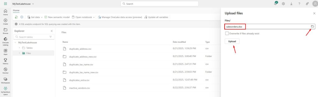 Microsoft Fabric Upload Excel