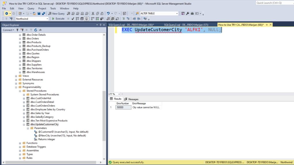 TRY CATCH in SQL Server Stored Procedure
